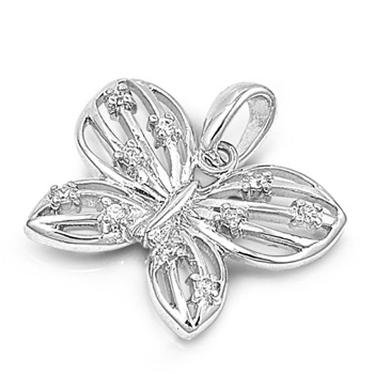 Sterling Silver Rounded Leaf Wing Cute Butterfly Pendant Clear Simulated CZ