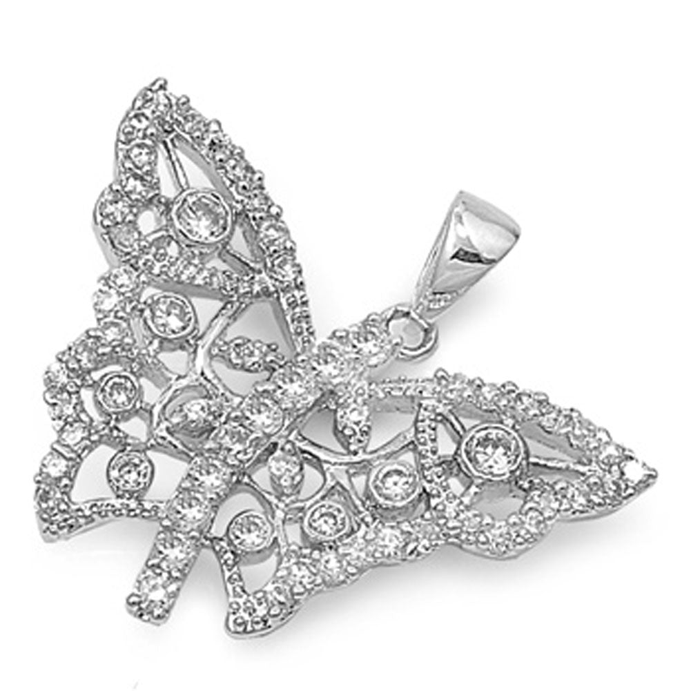 Ornate Studded Vine Wing Butterfly Pendant .925 Sterling Silver Cluster Charm