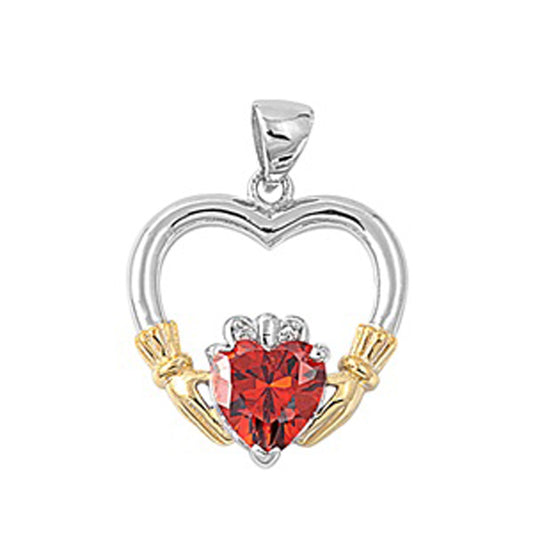 Open Outline Claddagh Heart Pendant Simulated Garnet .925 Sterling Silver Charm