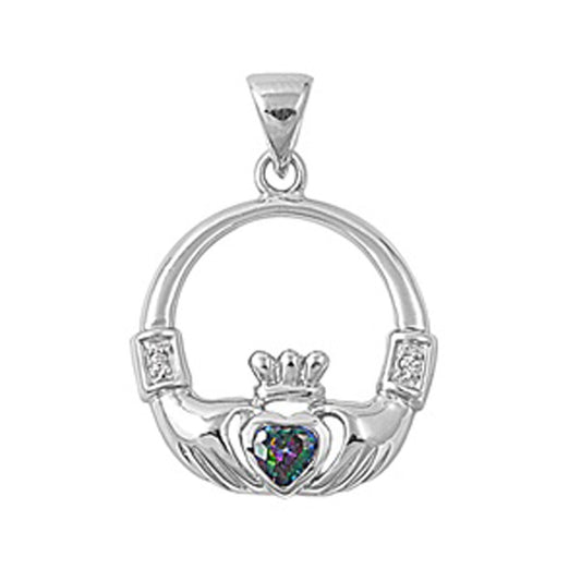 Sterling Silver Heart Celtic Claddagh Hoop Pendant Rainbow Simulated Topaz Charm