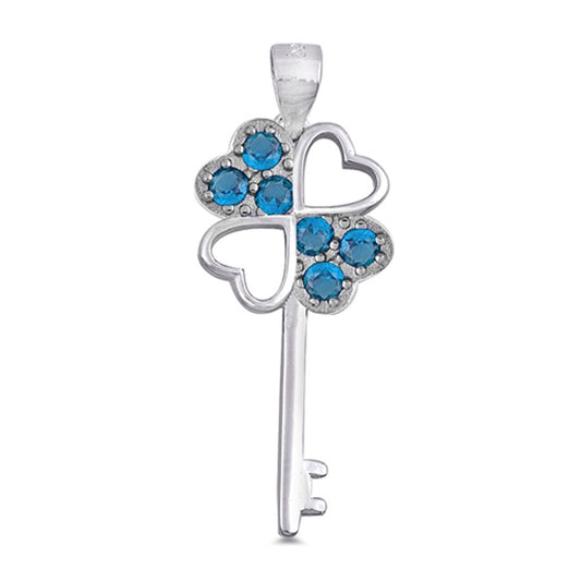 Sterling Silver Promise Heart Skeleton Key Pendant Blue Simulated Topaz Charm