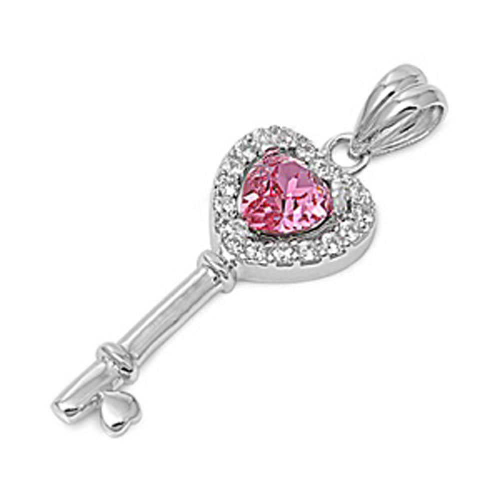 Studded Skeleton Key Heart Pendant Pink Simulated CZ .925 Sterling Silver Charm