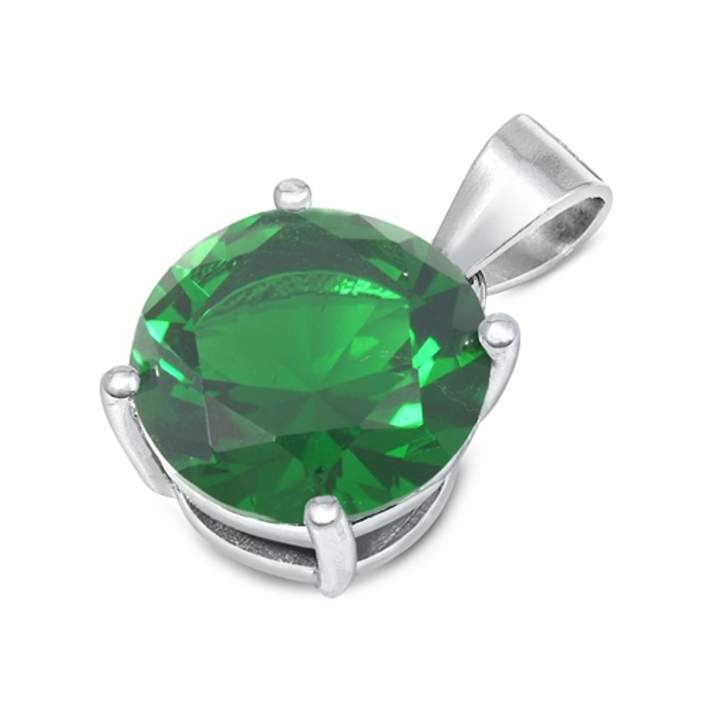 Sterling Silver Solitaire Traditional Circle Pendant Simulated Emerald Charm