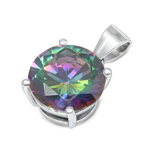 Sterling Silver Solitaire Classic Circle Pendant Rainbow Simulated Topaz Charm