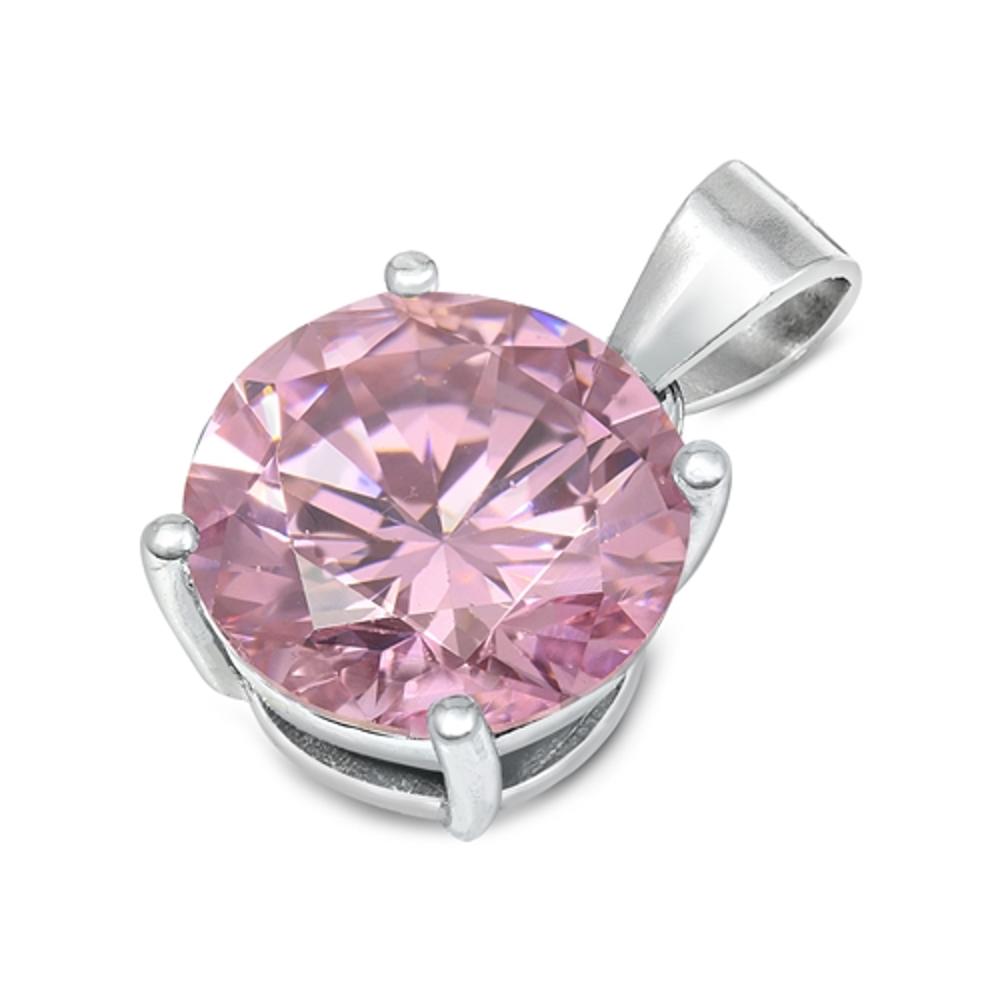 Solitaire Elegant Circle Pendant Pink Simulated CZ .925 Sterling Silver Charm