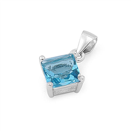 Solitaire Elegant Square Pendant Blue Simulated Topaz .925 Sterling Silver Charm