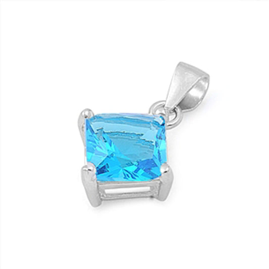 Solitaire Simple Square Pendant Blue Simulated Topaz .925 Sterling Silver Charm