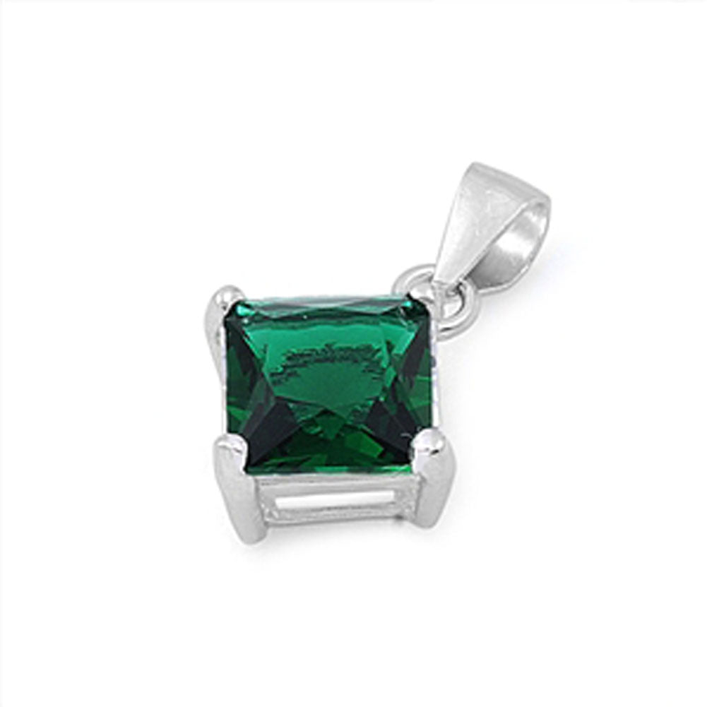 Solitaire Classic Square Pendant Simulated Emerald .925 Sterling Silver Charm