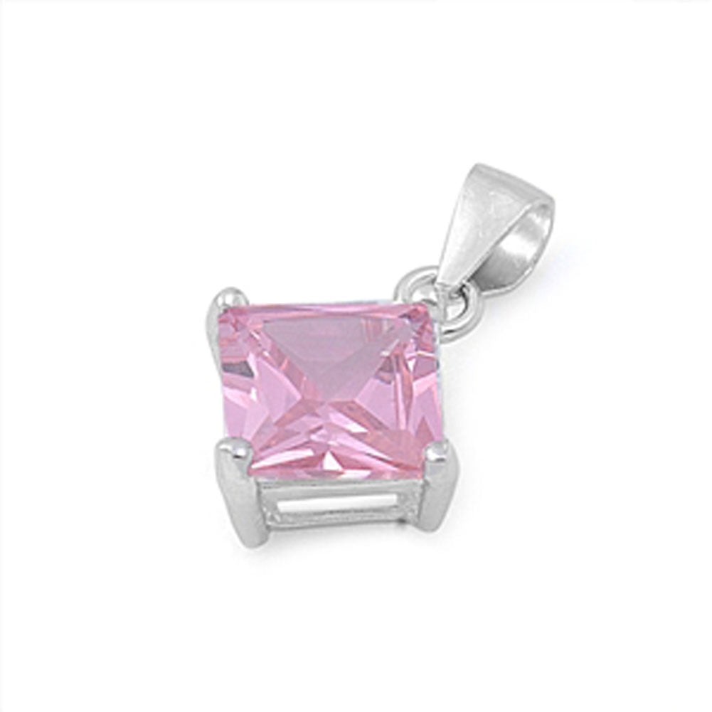 Solitaire Simple Square Pendant Pink Simulated CZ .925 Sterling Silver Charm