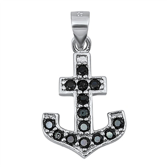 Studded Anchor Pendant Black Simulated CZ .925 Sterling Silver Sailor Charm