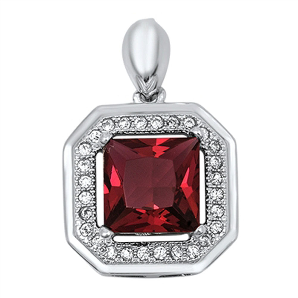 Elegant Studded Square Pendant Simulated Garnet .925 Sterling Silver Halo Charm