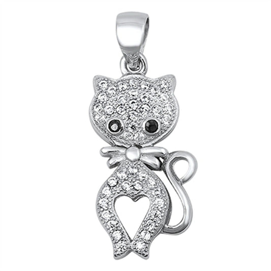 Cute Studded Cat Pendant Clear Simulated CZ .925 Sterling Silver Cluster Charm