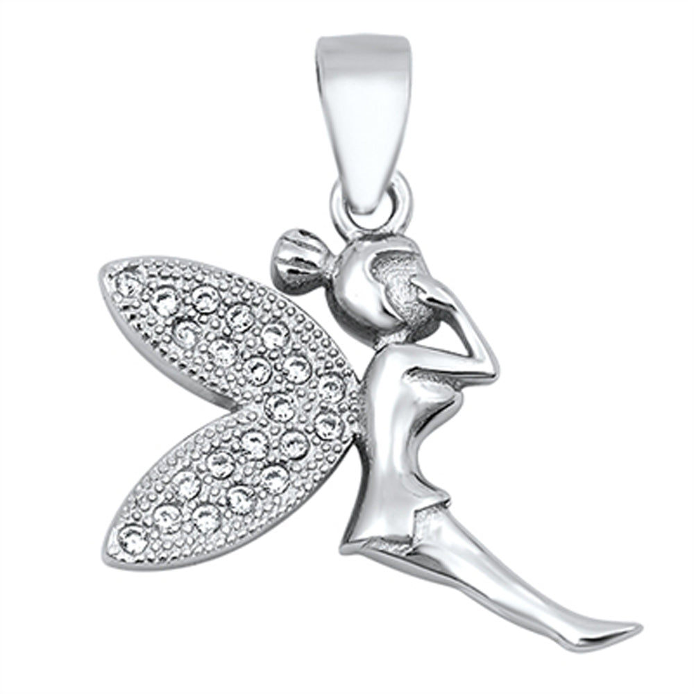 Sterling Silver Clear CZ Cute Pixie Pendant Wing Fairy Wing Fantasy Charm 925