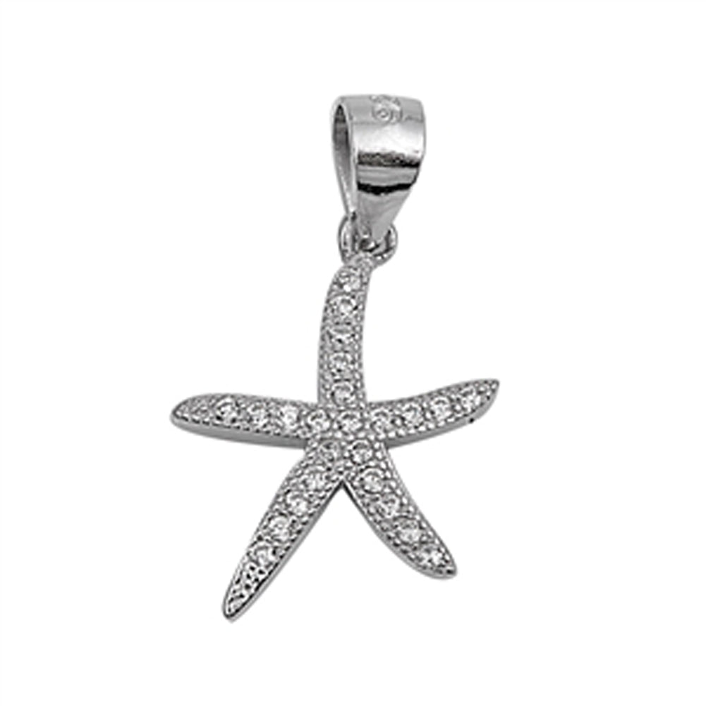 Slim Slender Starfish Pendant Clear Simulated CZ .925 Sterling Silver Fish Charm