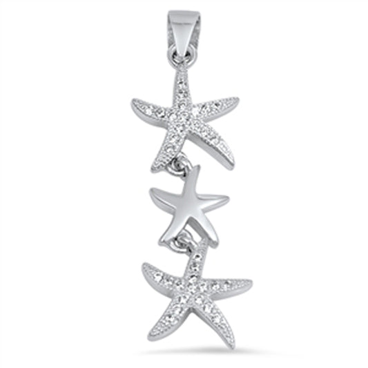 Seashell Stacked Starfish Pendant Clear Simulated CZ .925 Sterling Silver Charm