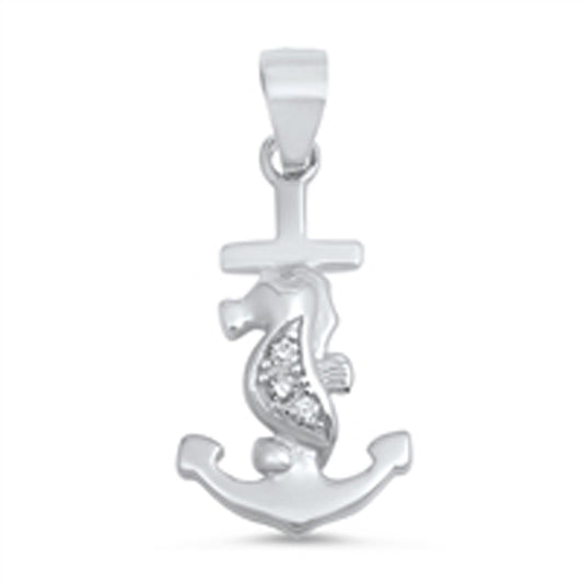 Seahorse Cute Anchor Pendant Clear Simulated CZ .925 Sterling Silver Ship Charm