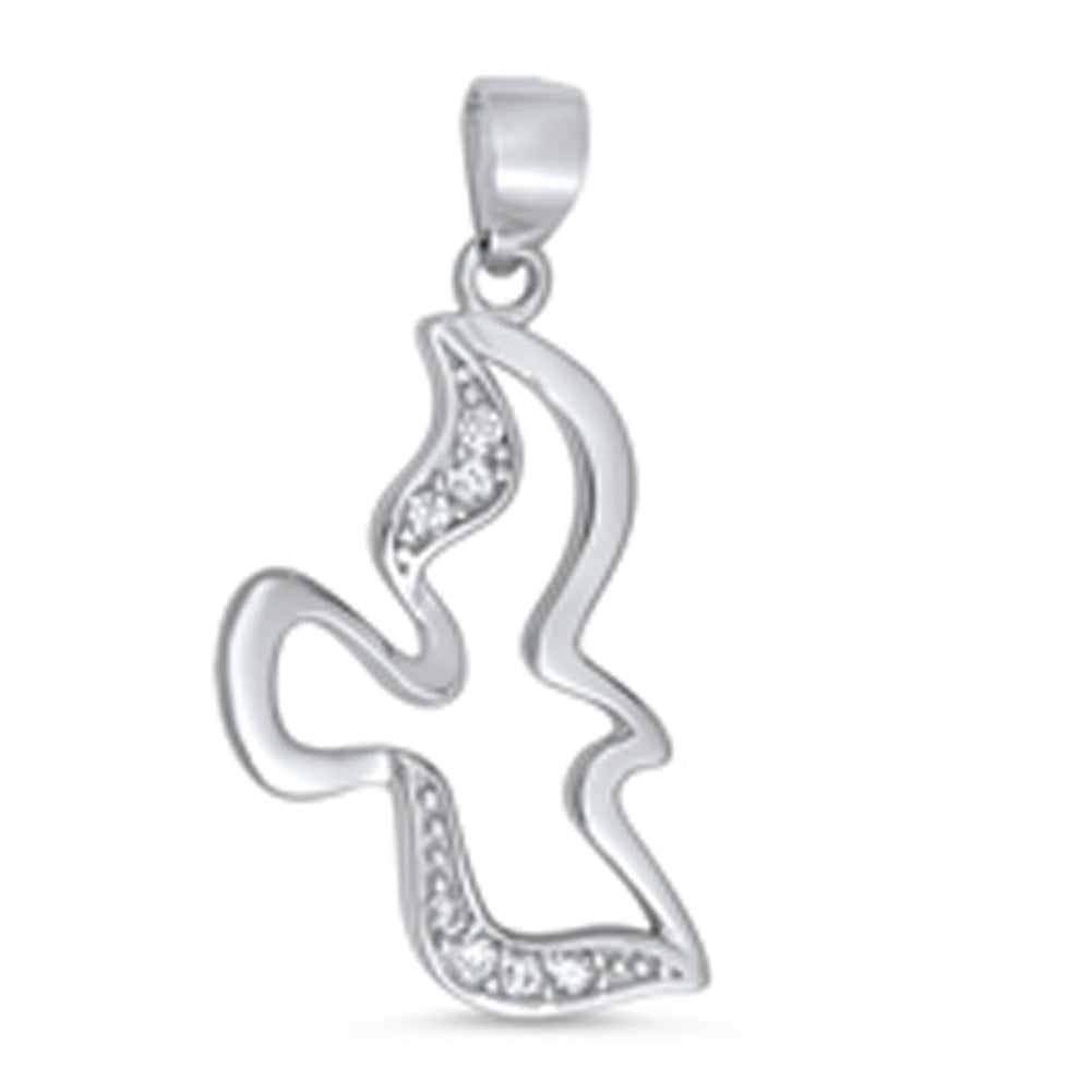 Bird Elegant Dove Outline Pendant Clear Simulated CZ .925 Sterling Silver Charm