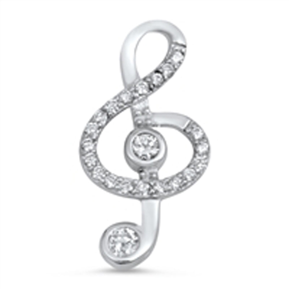 Music Clef Note Pendant Clear Simulated CZ .925 Sterling Silver Loop Knot Charm