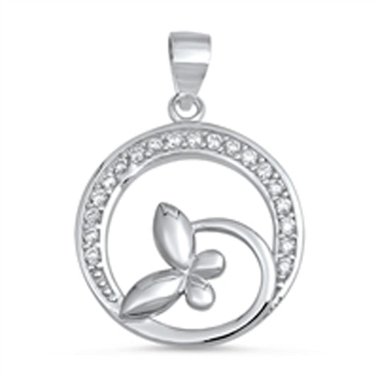 Loop Butterfly Spiral Pendant Clear Simulated CZ .925 Sterling Silver Bug Charm