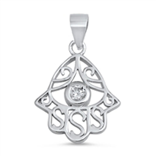 Sterling Silver Hand of God Elegant Cutout Hamsa Pendant Clear Simulated CZ