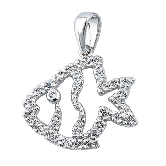 Sterling Silver Encrusted Tropical Fish Outline Clear Simulated CZ Pendant Charm