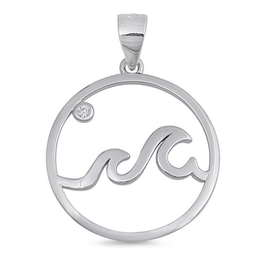 Ocean Open Circle Wave Pendant Clear Simulated CZ .925 Sterling Silver Charm