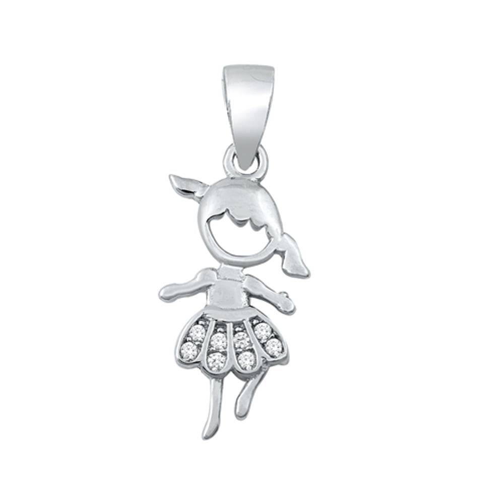 Sterling Silver Girl Tutu Dress Pendant Child Daughter Pigtails Charm Clear CZ