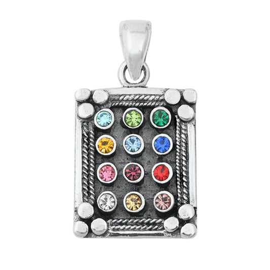 Sterling Silver Colorful Hoshen Pendant Multicolor CZ Rainbow Jewish Charm 925