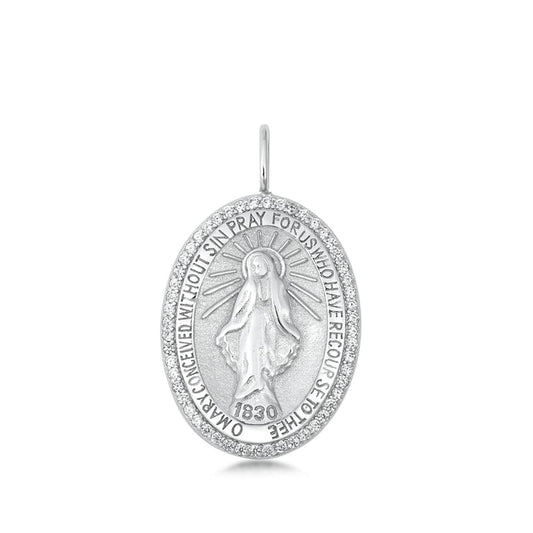 Sterling Silver Virgin Mary Medallion Pendant Pray For Us Catholic Faith Charm