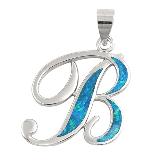 Sterling Silver Script Letter B Lab Opal Pendant Initial Name Cursive Charm 925