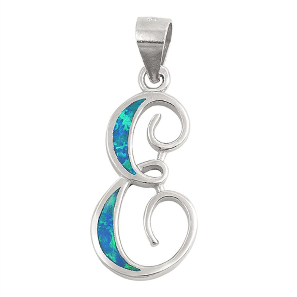 Sterling Silver Blue Synthetic Opal Script Letter E Pendant Cursive Charm 925