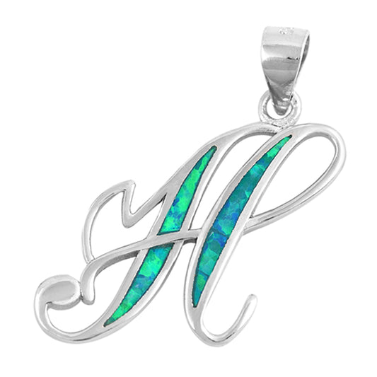 Sterling Silver Blue Synthetic Opal Monogram Letter H Pendant Script Swirl Charm