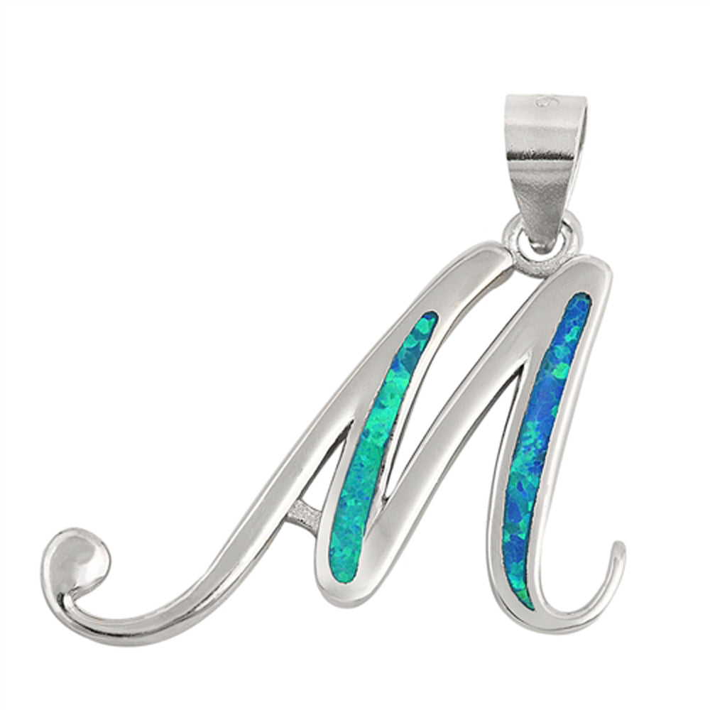 Sterling Silver Blue Synthetic Opal Script Letter M Pendant Initial Swirl Charm