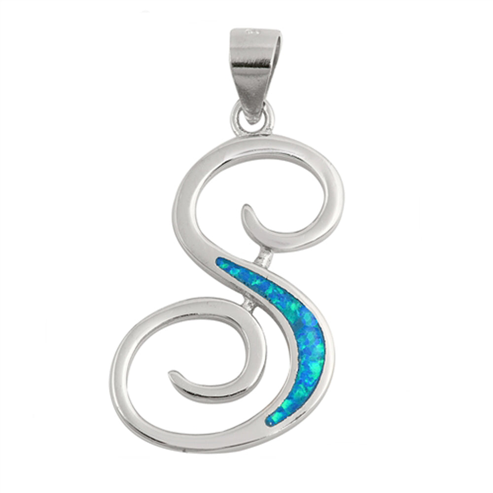 Sterling Silver Blue Synthetic Opal Script Letter S Pendant Initial Swirl Charm