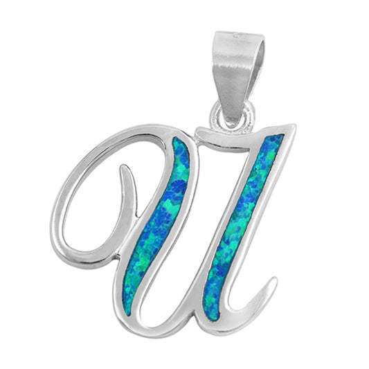 Sterling Silver Blue Synthetic Opal Script Letter U Pendant Initial Name Charm