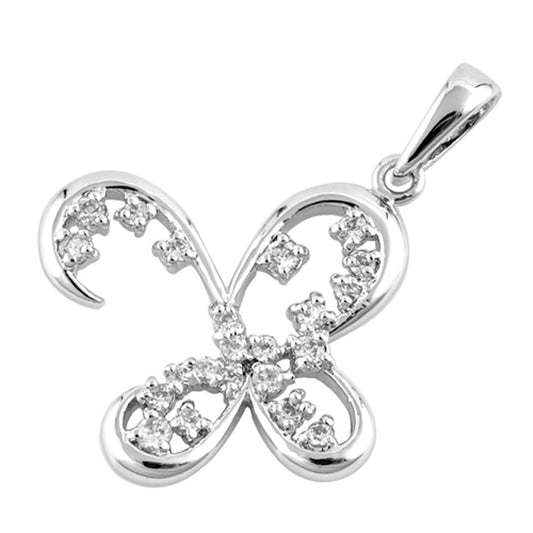 Sterling Silver Abstract Open Wing Butterfly Clear Simulated CZ Pendant Charm