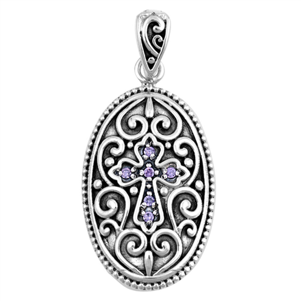 Sterling Silver Oxidized Filigree Oval Cross Simulated Lavender Pendant Charm