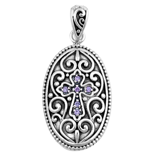 Sterling Silver Oxidized Filigree Oval Cross Simulated Lavender Pendant Charm