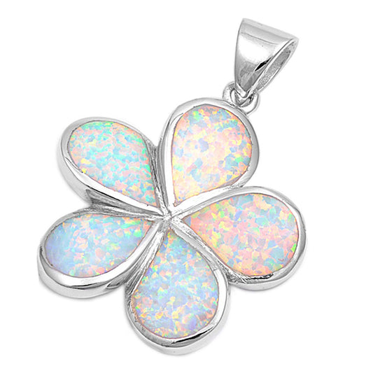 Sterling Silver Flower Teardrop Petal Plumeria Pendant White Simulated Opal