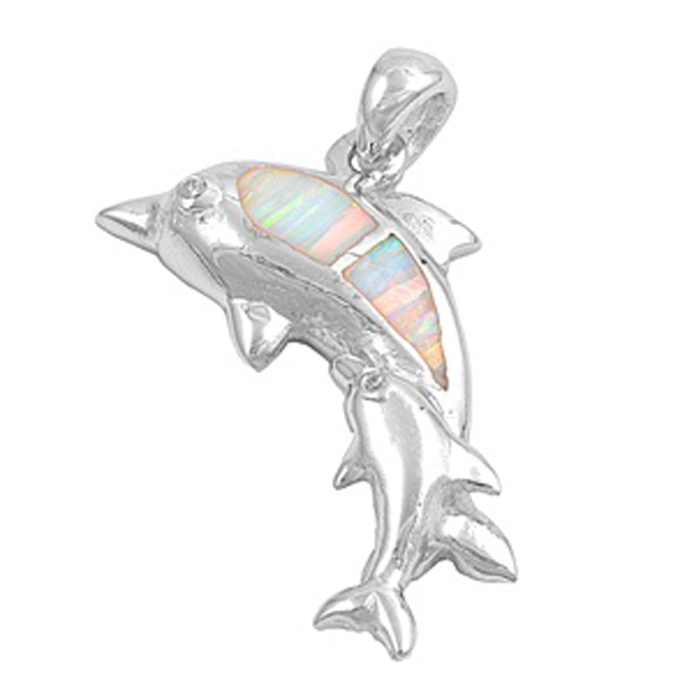 Double Jumping Dolphin Pendant White Simulated Opal .925 Sterling Silver Charm