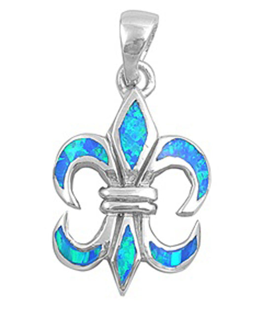 Fleur De Lis Mosaic Pendant Blue Simulated Opal .925 Sterling Silver Lily Charm