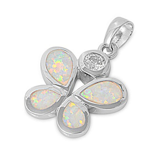 Sterling Silver Flower Cute Teardrop Butterfly Pendant White Simulated Opal