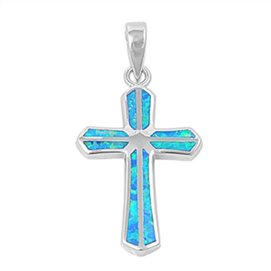 Pointed Cross Pendant Blue Simulated Opal .925 Sterling Silver Split Charm