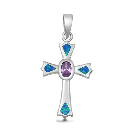 Fancy Ornate Cross Pendant Blue Simulated Opal .925 Sterling Silver Bold Charm