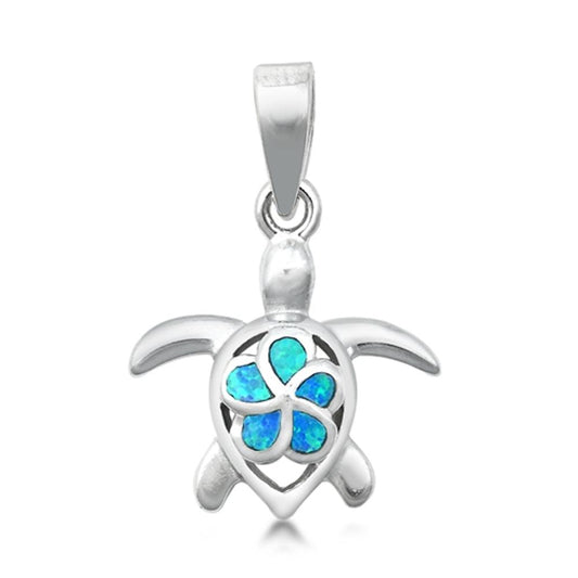 Plumeria Turtle Pendant Blue Simulated Opal .925 Sterling Silver Flower Charm