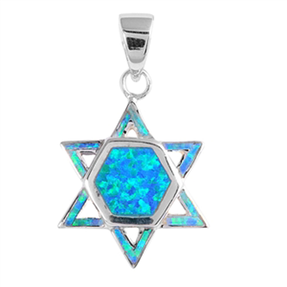 Jewish Star of David Pendant Blue Simulated Opal .925 Sterling Silver Charm