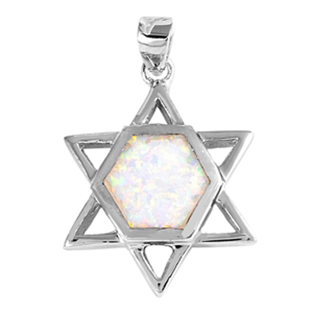 Jewish Star of David Pendant White Simulated Opal .925 Sterling Silver Charm