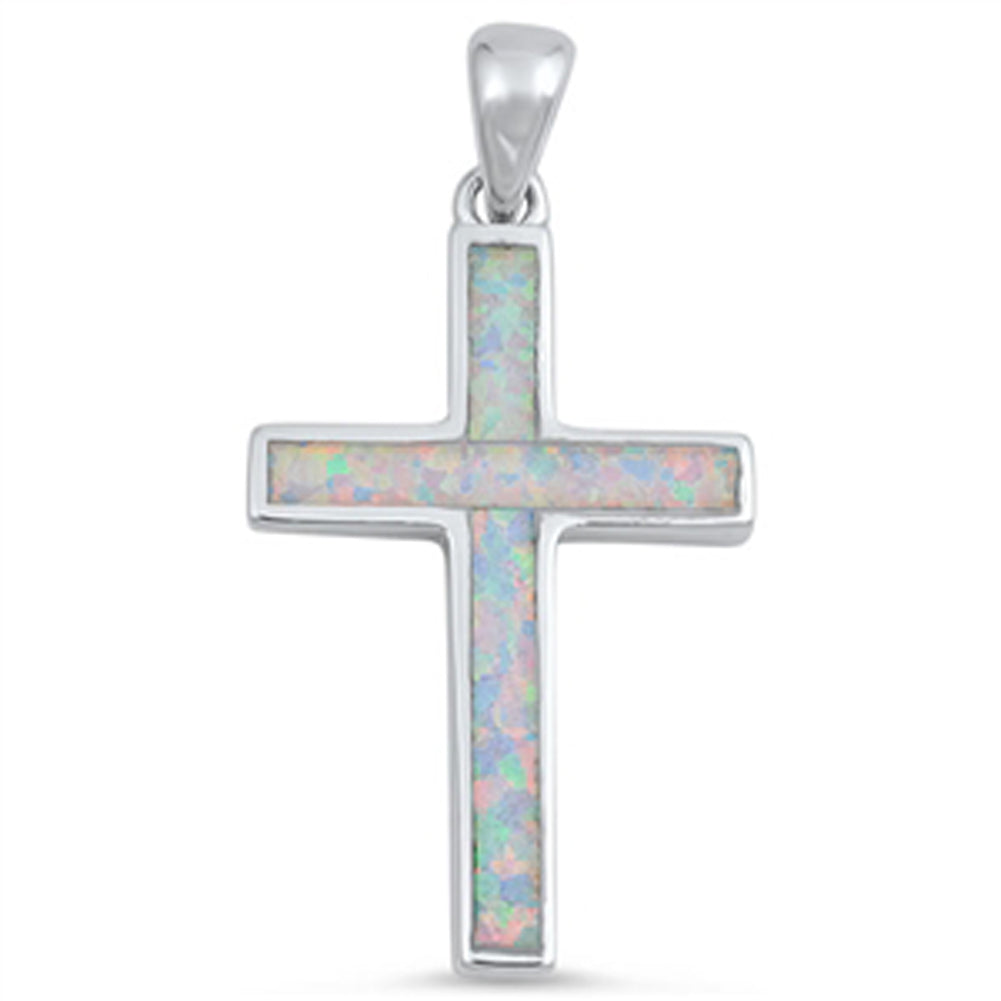 Long Narrow Cross Pendant White Simulated Opal .925 Sterling Silver Charm