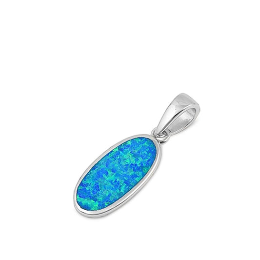 Sterling Silver Blue Synthetic Opal Flat Oval Pendant Elongated Classic Charm