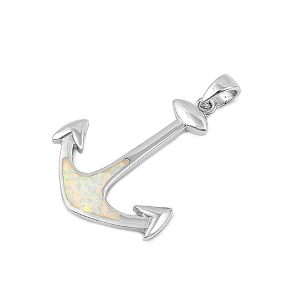 Sterling Silver  White Synthetic Opal Anchor Pendant Mariner Boat Sea Charm 925